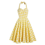 2021 Vacation Women Summer Dress Sexy Backless Party Halter Neck Yellow Plaid 50s Vintage High Waist Ladies Swing Dresses