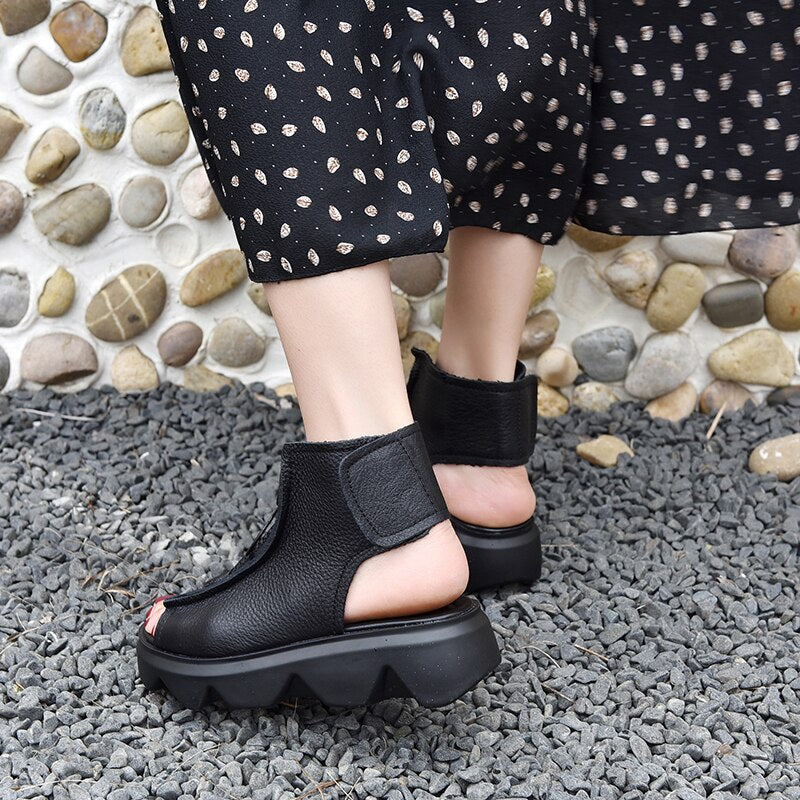 New Soft Leather Rome Outdoor Women Summer Wedge Zipper Peep Toe Sandals Platform Casual Shoes