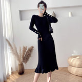 Women Spring Autumn 2021 O-Neck Knit Dress Female Ruffle Long Sleeve A-Line Midi Sweater Dress