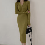 Elegant V-Neck Single-Breasted Women Solid Sweater Dress OL Style Long Sleeve Knitted Slim Midi Dress