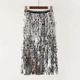 Women Tassel Sequins Patchwork Ladies Streetwear Casual High Waist Holographic Fringed Long Skirt