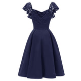 1950s Elegant Navy Blue Lace V Neck Swing Robe Wedding Party Formal Dress