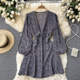 Spring Autumn Women Deep V Neck Tie Bow Print Casual Dress Elegant Vintage Long Sleeve Mini Dress