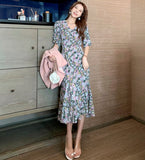 Women New Summer Print Floral V-Neck Short Sleeves Chiffon Beach Midi Female Dress