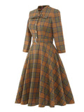 V-Neck Bow Front Buttons Plaid 50s Vintage Cotton Women Spring Autumn 3/4 Sleeve Elegant Party Midi A Line Dresses