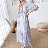 Casual Print A-Line Dress For Women V-Neck Puff Short Sleeve High Waist Long Dresses Female Summer Fashion Clothes