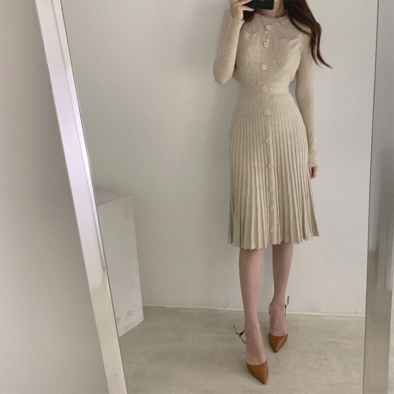 Elegant Office Lady Pleated Dress Crew Neck Long Sleeve Button Casual Knitted Midi Dress
