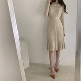 Elegant Office Lady Pleated Dress Crew Neck Long Sleeve Button Casual Knitted Midi Dress
