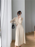 Women's Midi Knitting Dress Spring Autumn Female Slim V-Neck Lady Bottoming Pleated Sweater Dresses Vestidos