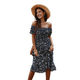 Women Summer Slash Neck Off Shouder Ruffles A-line High Waist Ladies Boho Slim Beach Dress Sundress