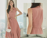 Women Summer Pink Sleeveless Shirt Dress Casual Party Lace-Up Tight Waist Midi Ruffle Dress