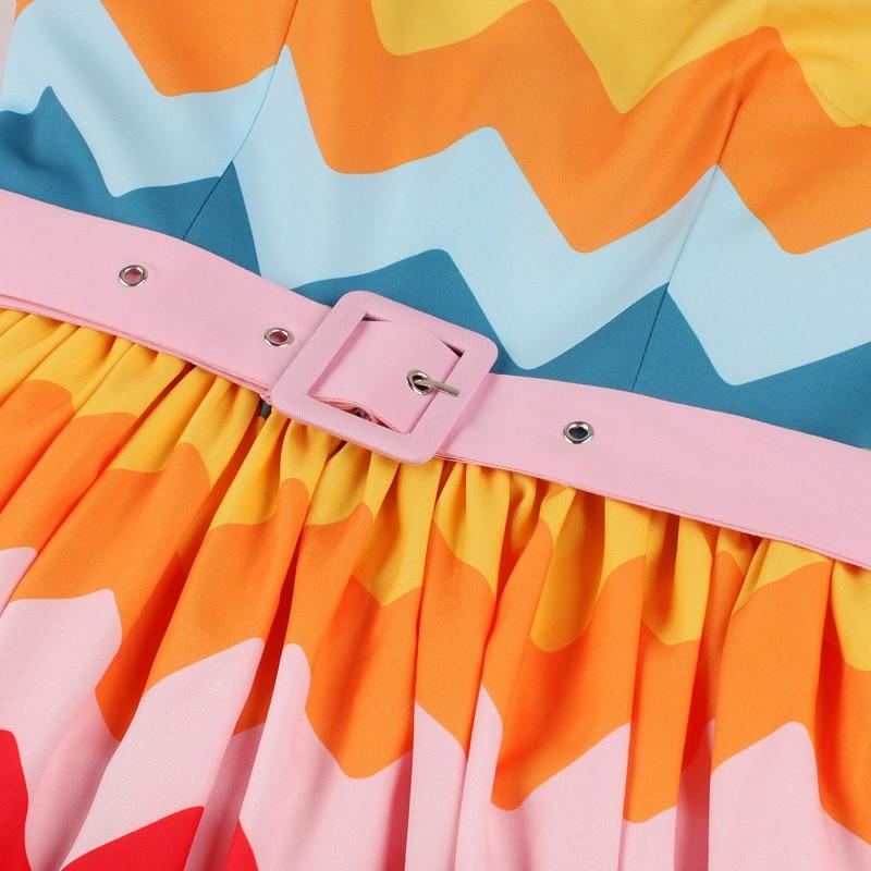 Multicolor Striped High Waist Vintage Pinup Girls 50s Pleated Spaghetti Strap Belted Dress