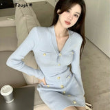 Winter Elegant Knitted Sweater Dress Women Vintage Bodycon Party Mini Dress Female Korean Fashion Button Designer Dress 2021