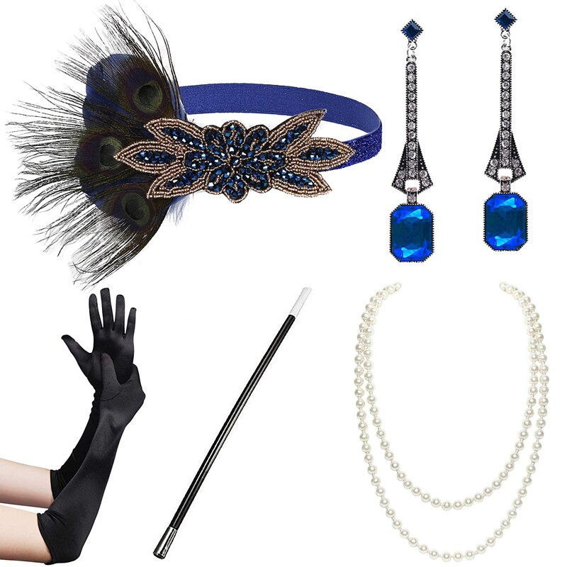 5 Pcs/set 1920s Women Vintage Gatsby Feather Headband Flapper Costume Accessories Set Cigarette Holder Pearl Necklace Earring Gloves