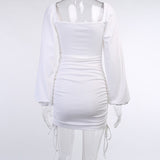 Long Sleeve Ruched Drawstring White Lantern Sleeve Pleated Vintage Casual Women Dress