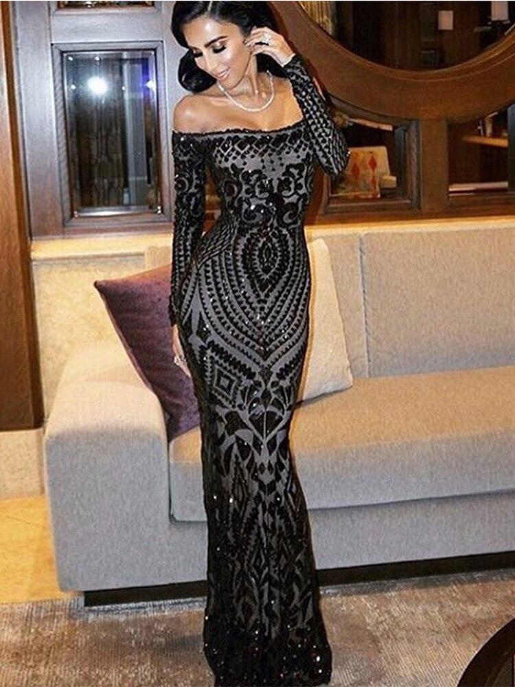 Sexy Off-Shoulder Evening Dress Long-sleeved Vintage Robe De Soriee Sequined Formal Dress Black White Mermaid Prom Gown