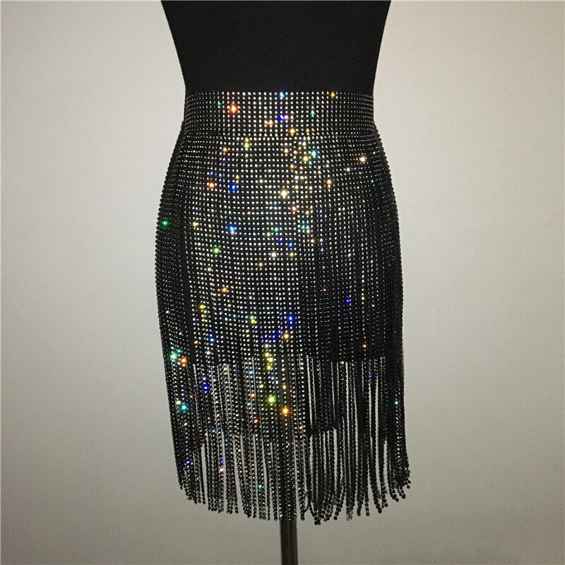 44cm Shiny Rhinestones Tassel Patchwork Women Sexy Diamonds Night Club Festival Skirt
