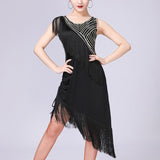 Sequin Fringe V-Neck Sleeveless Ballroom Cha Cha Party Tassel Dress Sequined High Low Hem Bodycon Dance Dress