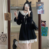 Autumn Black Lolita Dress Women Patchwork Elegant Vintage Party Mini Dress Female Casual Bow High Waist Korean Kawaii Dress