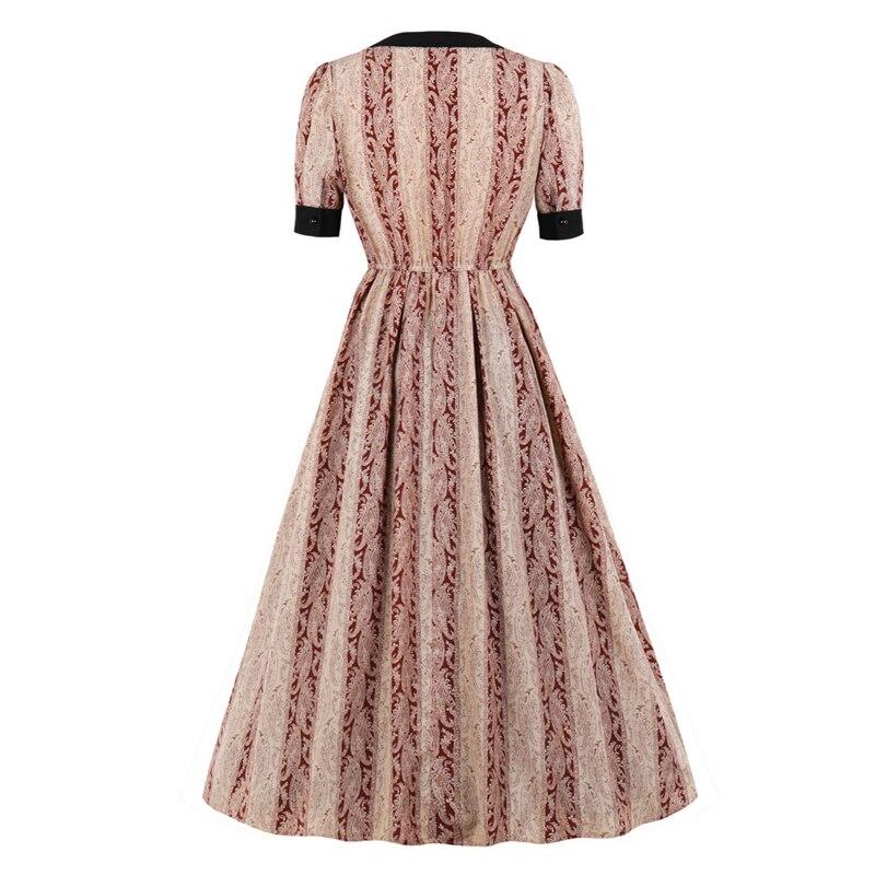 2021 Color Block Vintage Floral Print Elegant Party Midi Dresses for Women O-Neck Button Up Elastic Waist Robe Clothing