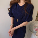 Women Summer Office Lady Solid Dress Women Puff Sleeve Midi Slim Elegant Female Dress