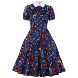 2021 Christmas Women Party Retro Dress Cotton Floral Print Turn Down Collar Short Sleeve Pin Up Rockabilly Swing Casual Sundress