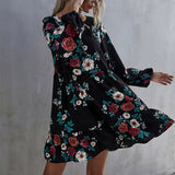 Ruffles Print Women O-neck Full Sleeve High Waist Casual Black Floral Dress