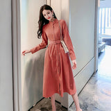 2021 Autumn Ladies Belted Long Dress Elegant Single-breasted Women Long Sleeve Solid Color Dress Office Ladies Vestidos