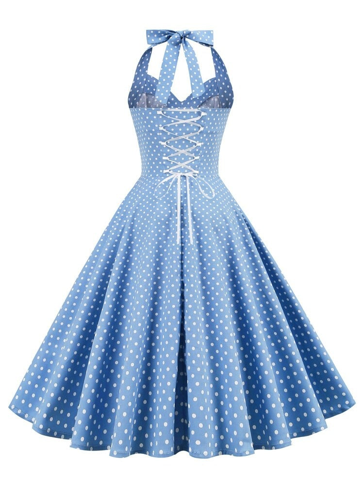 Polka Dot 50s Style Rockabilly Vintage Sexy Women Blue Halter Lace-Up Back Party Backless Corset Dress