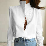 Elegant Turtleneck Long Sleeve Shirt Women Top Casual Solid Single-Breasted Puff Sleeve Blouses