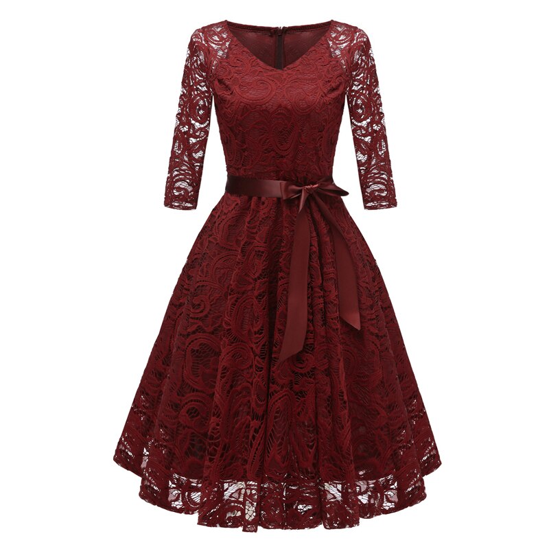 V-Neck Women Lace Swing High Waist Vintage Style Three Quarter Sleeve Party Evening Ladies Dresses