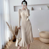 Women Spring Autumn 2021 O-Neck Knit Dress Female Ruffle Long Sleeve A-Line Midi Sweater Dress