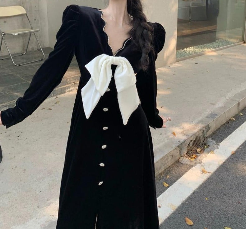 French Black Velvet Midi Dress Women Korean Fashion Evening Party Dress Office Lady Bow Design Lace Vintage Dress 2021 Autumn