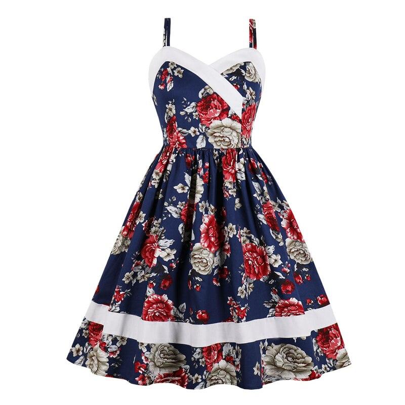 Color Block and Floral Print High Waist Rockabilly Vintage Spaghetti Strap 50s Retro Pleated Dress