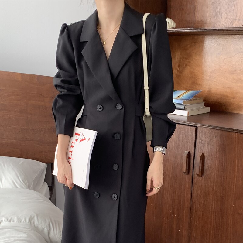 Notched Lapel Double Breasted Blazer Dress Elegant Office Lady Long Sleeve Vintage Belted Midi Dress
