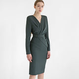 Autumn Women Elegant Fashion Office Lady Long Sleeve Dress Waistband Knee-Length Bodycon Dress