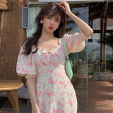 Summer Elegant Floral Print Dress Women Kawaii Korean Sweet Style Lace Up Slimming Dress Female Puff Sleeve Party Dress 2021