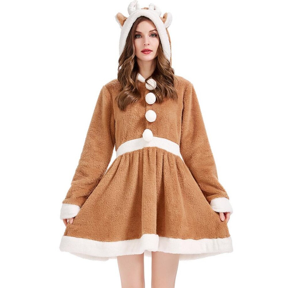 Adult Women Khaki Christmas Elk Hoodies Dress New Year Xmas Party Cosplay Costume Clothes Santa Claus Fancy Dress Up