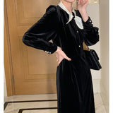 Autumn Women Elegant Midi Dress A-Line Bow Collar Long Sleeve Pearl Buttons Casual Party Dress