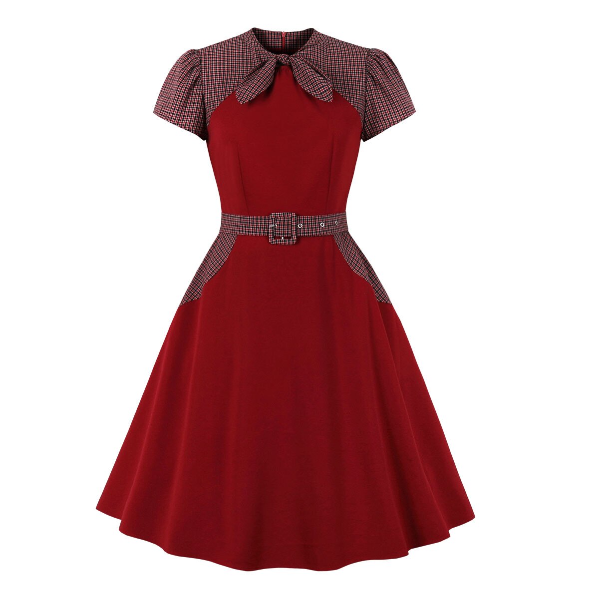 1950s Burgundy Plaid Vintage Women Patchwork Short Sleeve Pockets Robe Pin Up Swing Retro Casual Dress