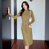 Women Elegant O-neck Dress 2021 Autumn Winter Knitted Dress Female Midi Sweaters Vestidos