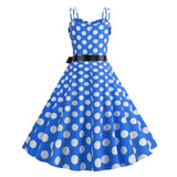 Pinup 50S Vintage Spaghetti Strap Polka Dot Summer Dress with Belt Women Fit and Flare Casual Swing Dress