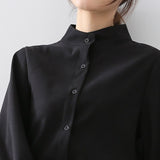 Big Lantern Sleeve Stand Collar Office Work Solid Vintage Blouse Shirts