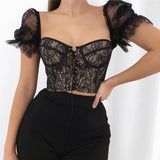 Sexy Black Lace Up Crop Tops Ladies Bustier Hollow Out Chic Short Sleeve Shirts