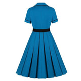 Blue Elegant Notched Collar Belted High Waist Vintage Single-Breasted Pleated Pinup Ladies Dress