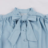 2021 Tie Neck Button Up 50S Pinup Women Vintage Pleated Swing Dress Summer Blue Elegant Retro Clothes Ladies Solid Tunic Dresses