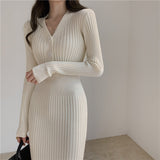 Elegant V-Neck Single-Breasted Women Solid Sweater Dress OL Style Long Sleeve Knitted Slim Midi Dress