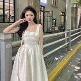 White Elegant Strap Dress Women Summer High Waist Korean Vintage Sweet Midi Dress 2021 Outing Party Sexy Princess Casual Clothes