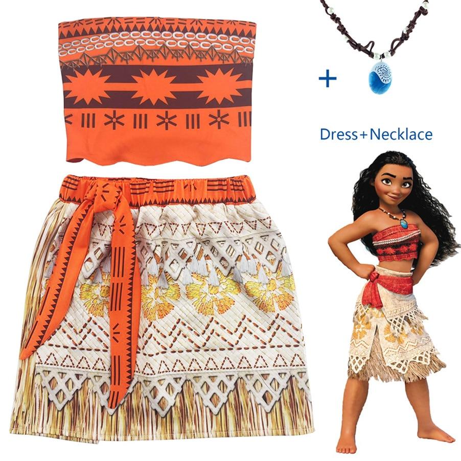 Hot Princess Moana Cosplay Costume for Children Vaiana dress Costume with Necklace for Halloween Costumes for Kids Girls Gifts
