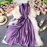 Summer Elegant Shirt Dress Summer Single Breasted Belt Short Sleeveless  A Line Casual Satin Dresses For Women